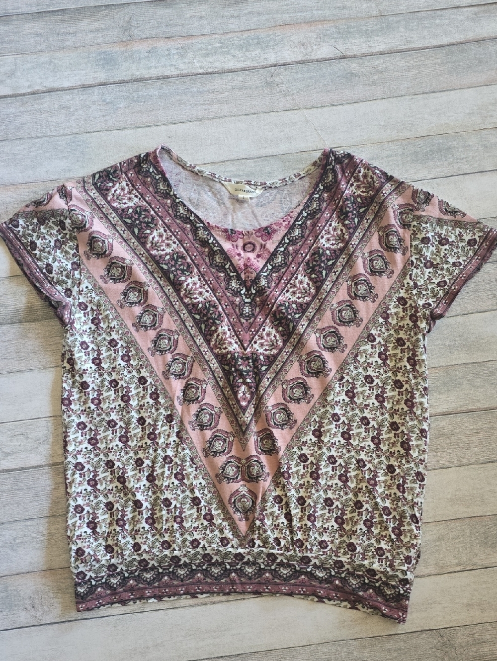 Lucky Brand Pink Floral V-Panel Short Sleeve Top Size Small